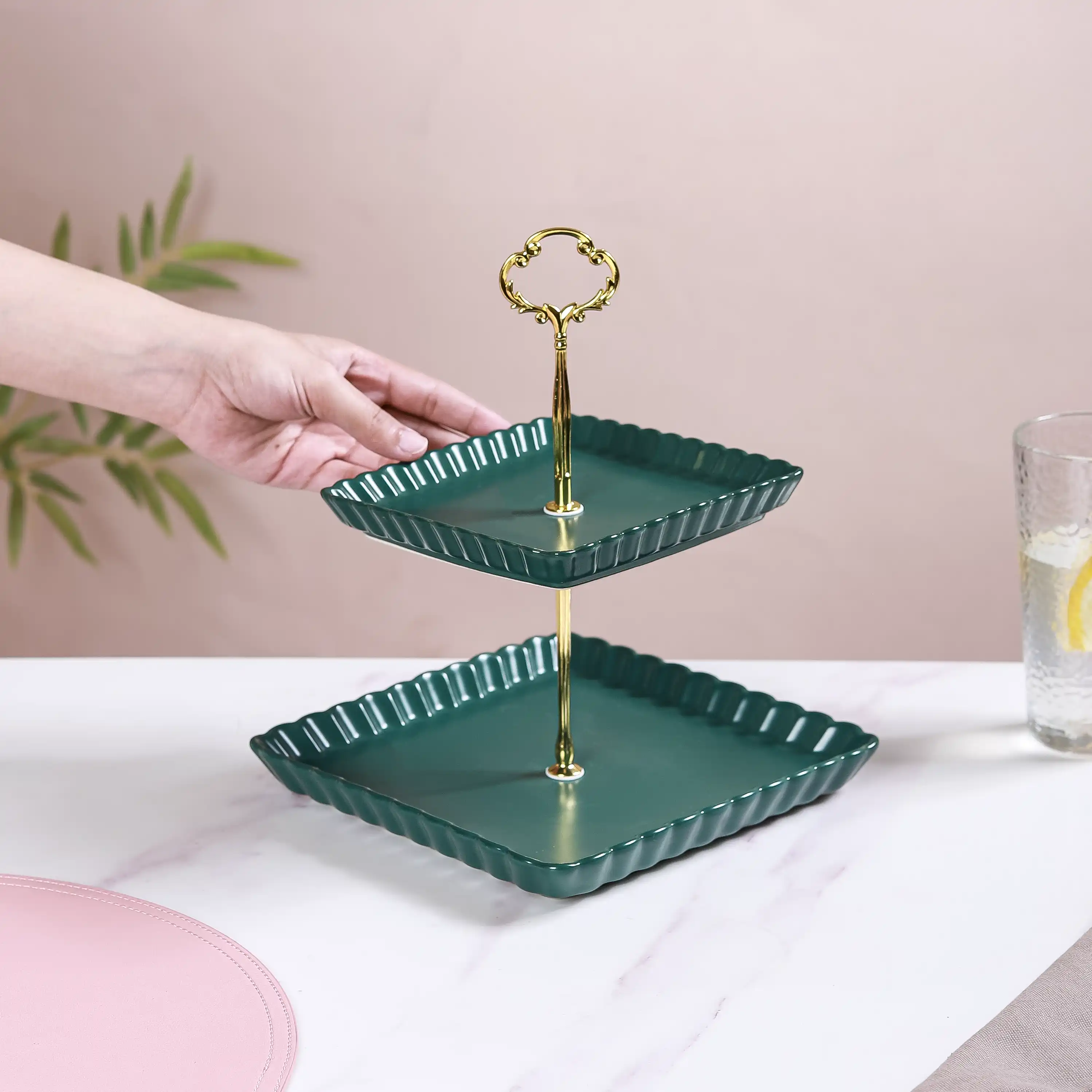 2-Tier Square Ceramic Snack Stand Green - Image 3