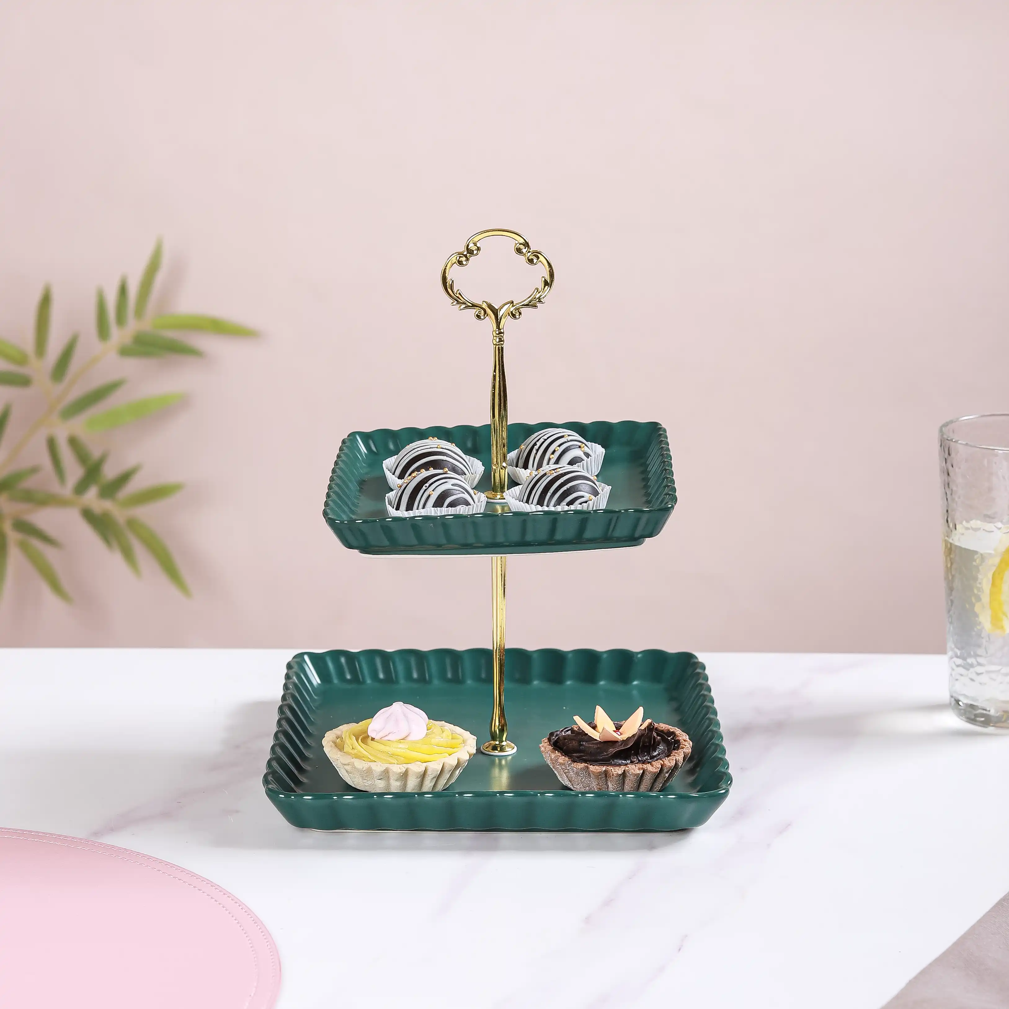 2-Tier Square Ceramic Snack Stand Green - Image 4