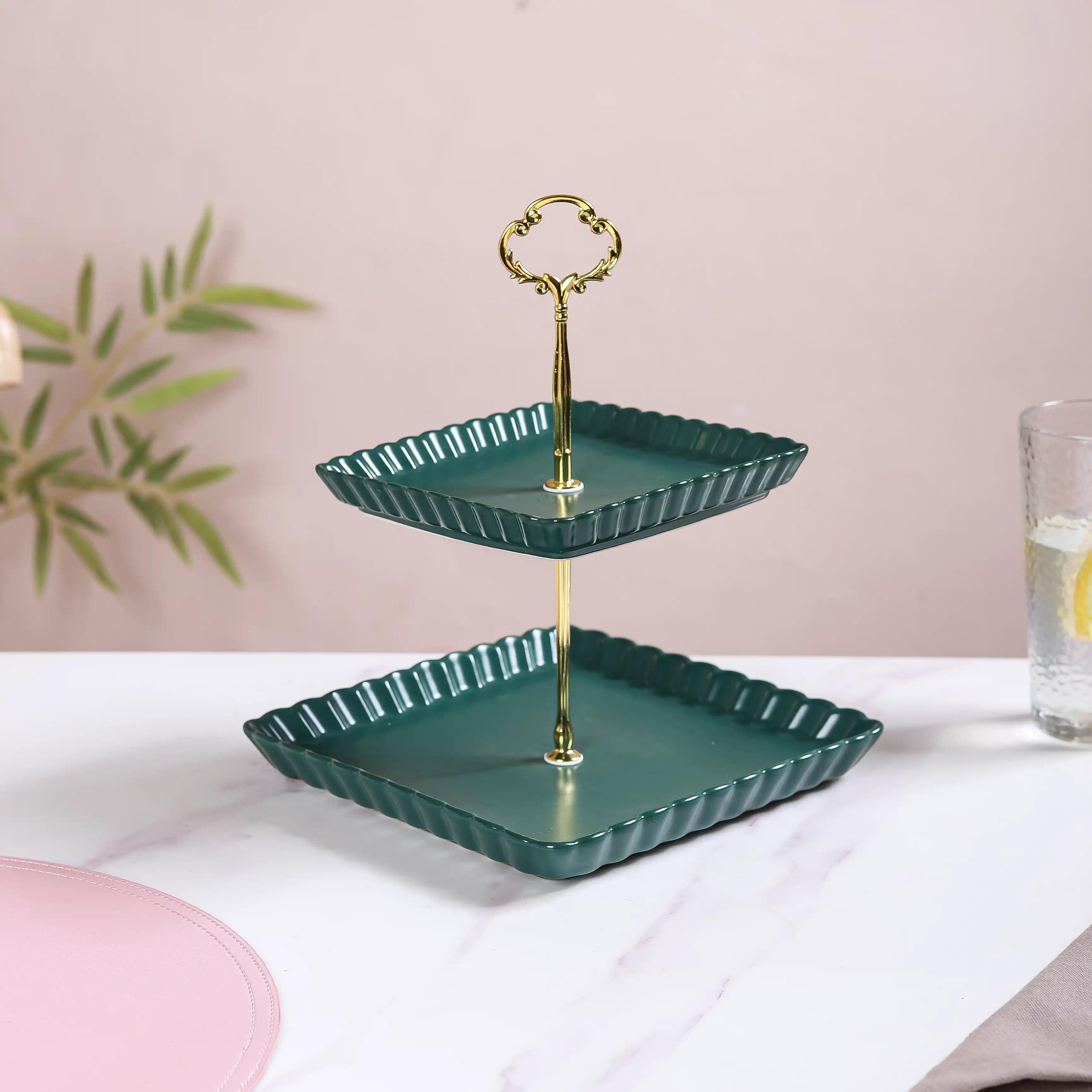 2-Tier Square Ceramic Snack Stand Green - Image 8