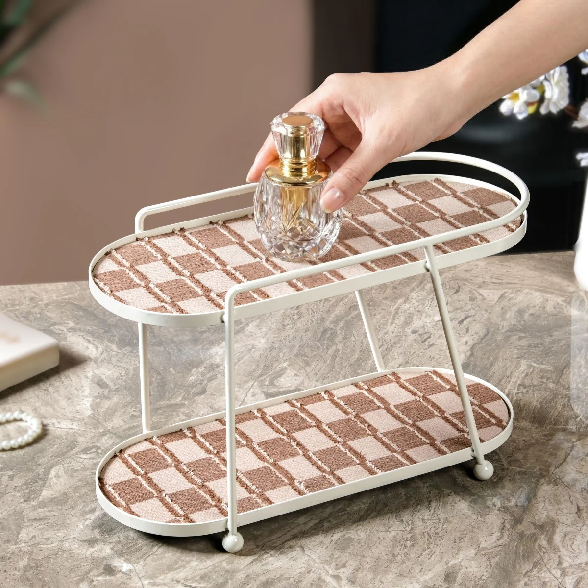 2 Tier Vanity Storage Display Tray White Brown - Image 4