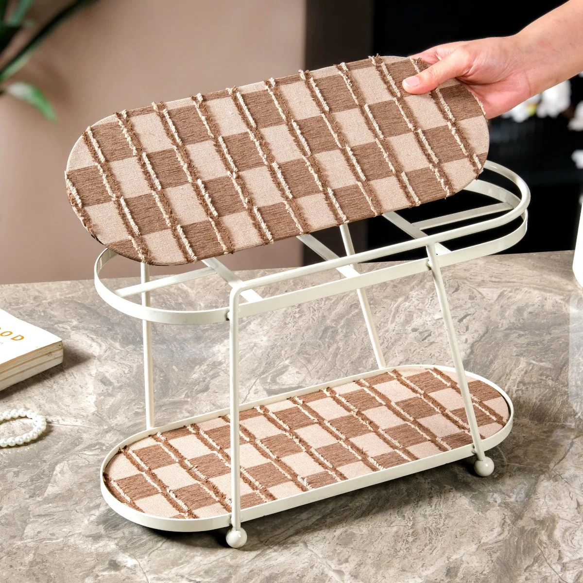 2 Tier Vanity Storage Display Tray White Brown - Image 5