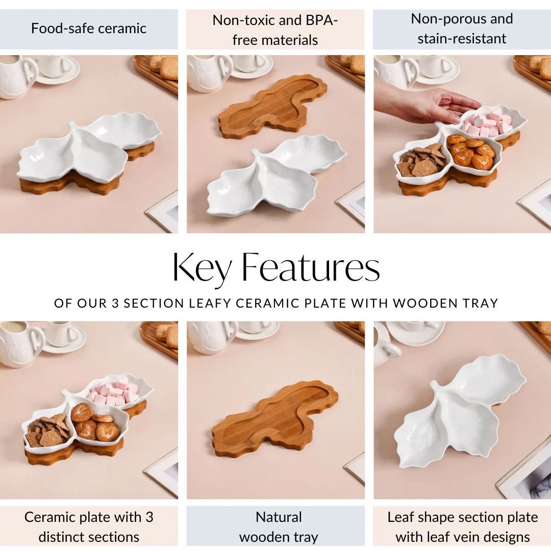 3 Section Leafy Ceramic Plate With Wooden Tray - Image 5