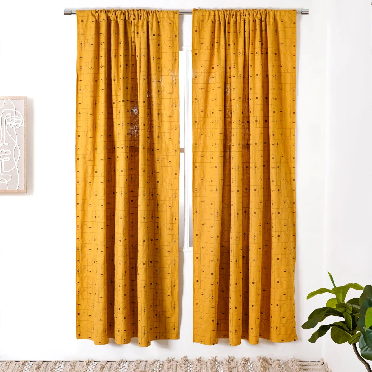 Abstract Embroidered Curtains For Living Room Set Of 2 Mustard 84x54 Inch