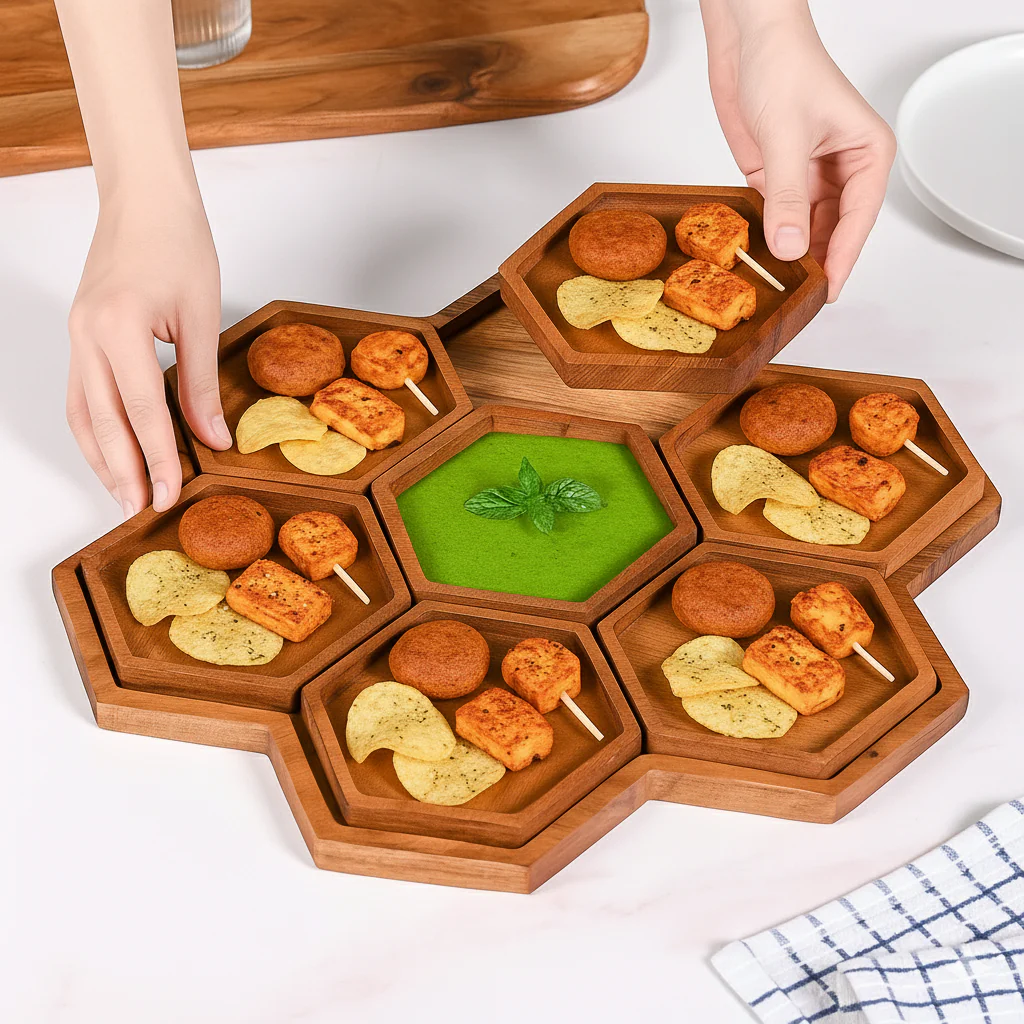 Acacia Honeycomb Wooden Platter Set of 8 For Party 38x38cm - Image 3
