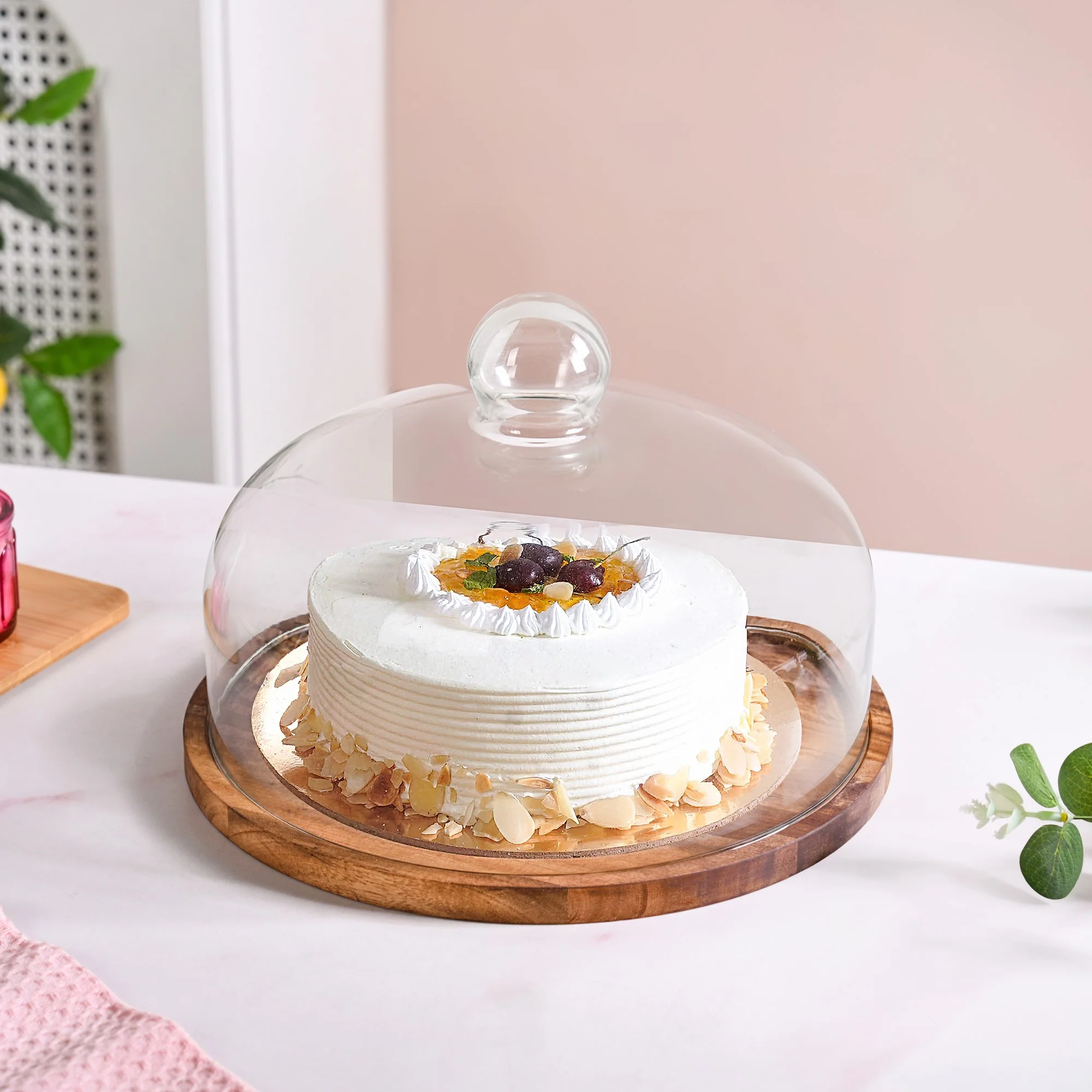 Acacia Wood Dessert Stand With Glass Cloche 26cm