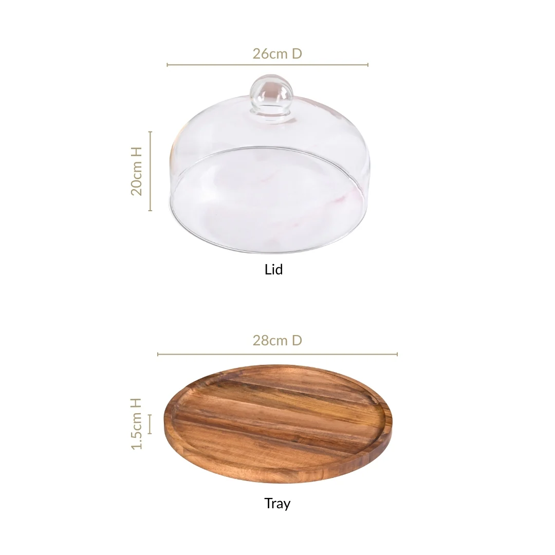 Acacia Wood Dessert Stand With Glass Cloche 26cm - Image 3