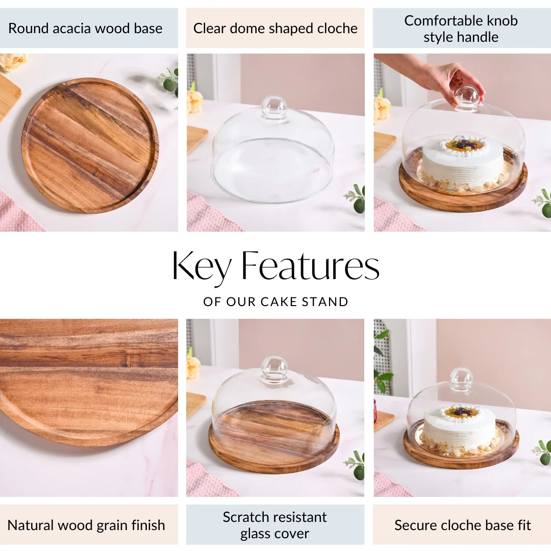 Acacia Wood Dessert Stand With Glass Cloche 26cm - Image 4