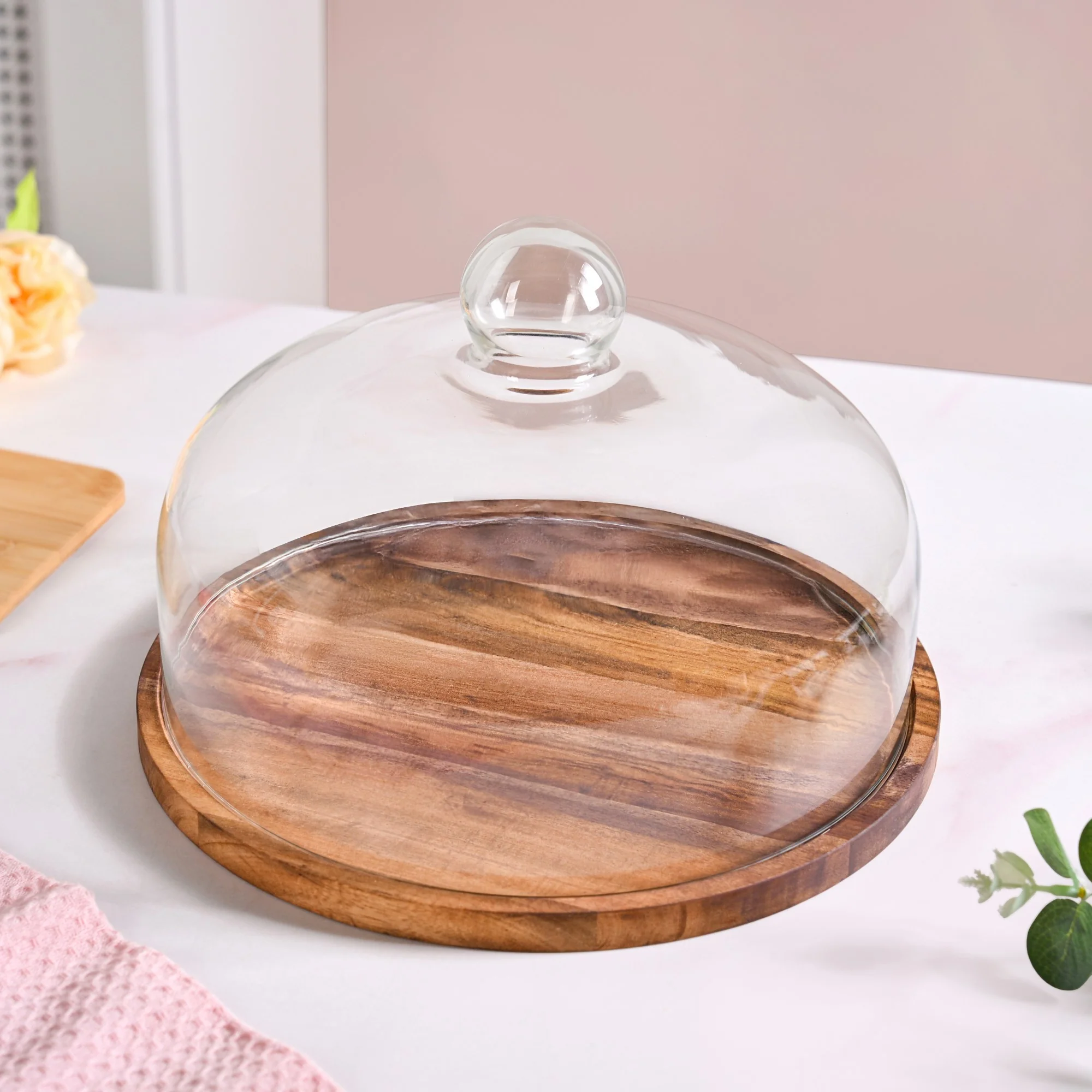 Acacia Wood Dessert Stand With Glass Cloche 26cm - Image 5