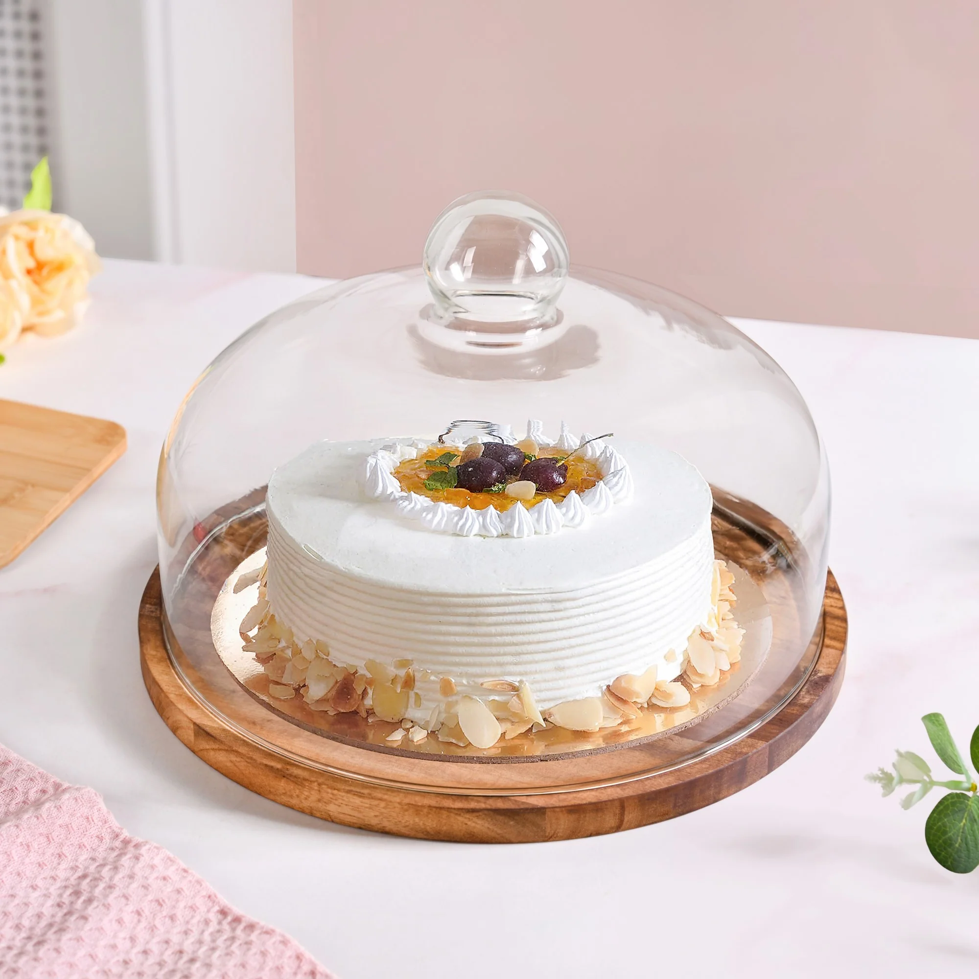 Acacia Wood Dessert Stand With Glass Cloche 26cm - Image 9