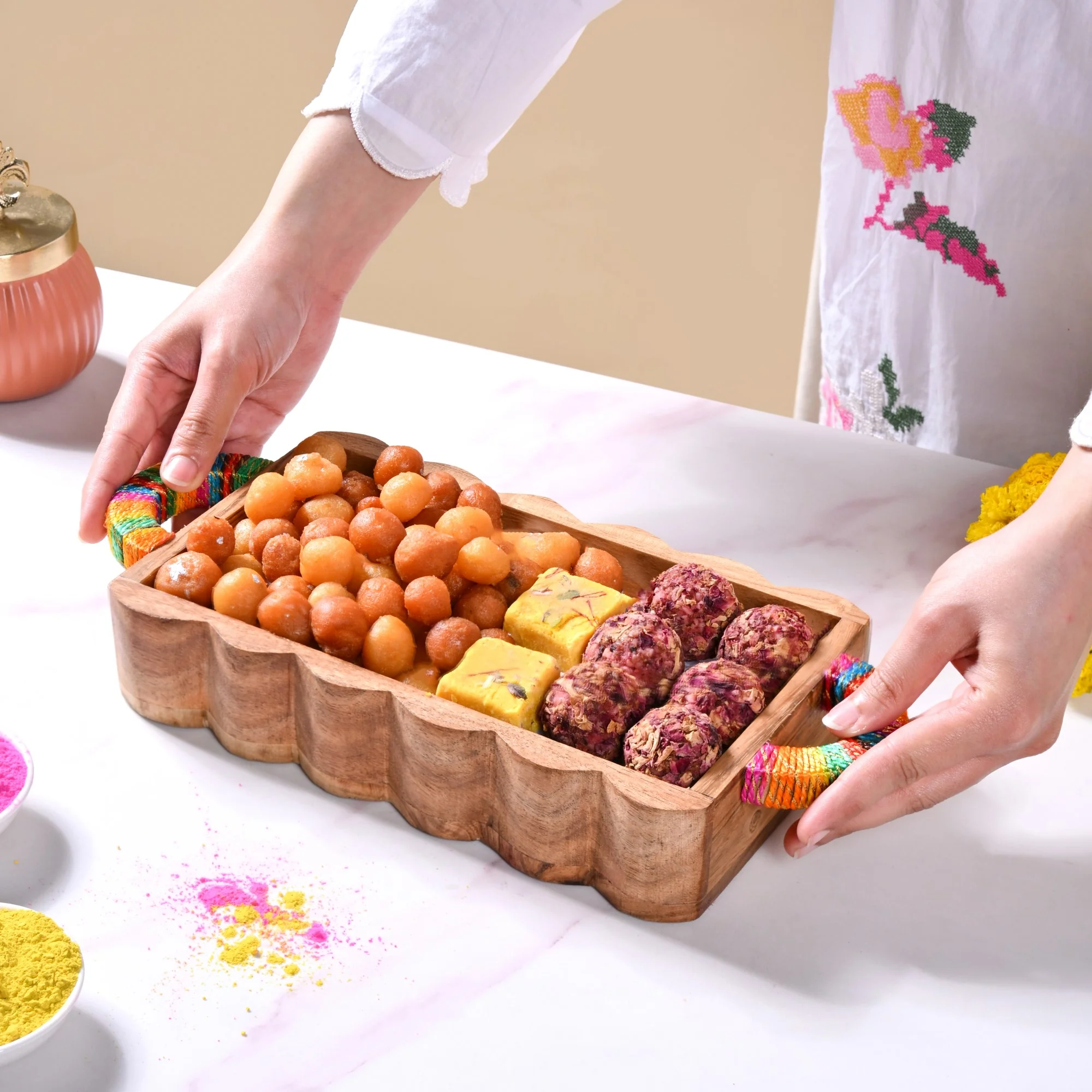 Acacia Wood Serving Tray With Colourful Handles And Gold Zari Work - Image 3