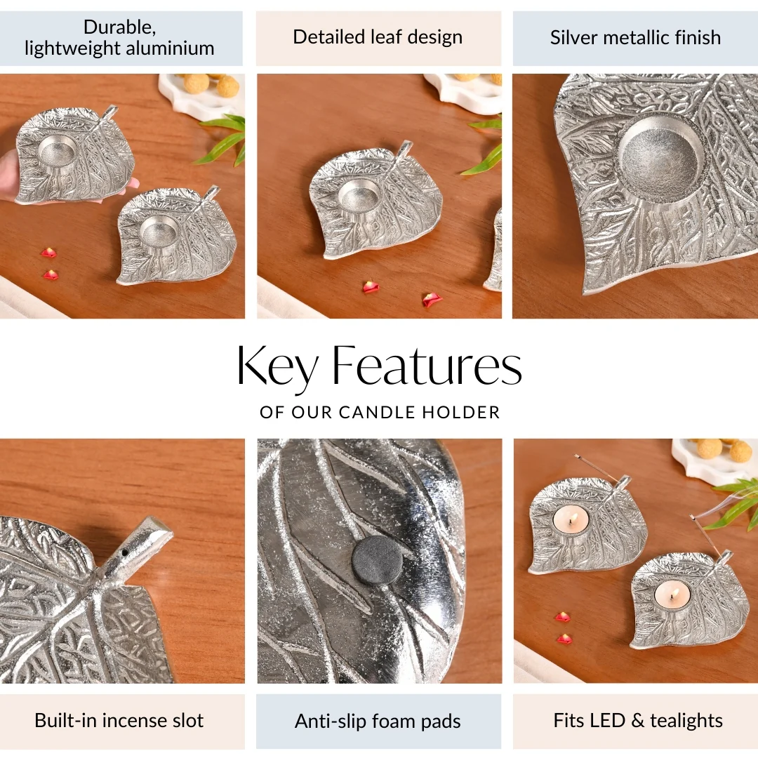Aesthetic Leaf Tealight And Agarbatti Holder Set Of 2 In Festive Gift Box - Image 6