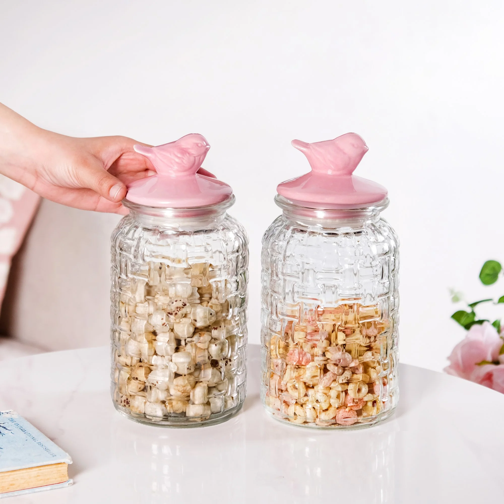 Airtight Glass Jar With Pink Bird Ceramic Lid Set Of 2 1300ml - Image 3
