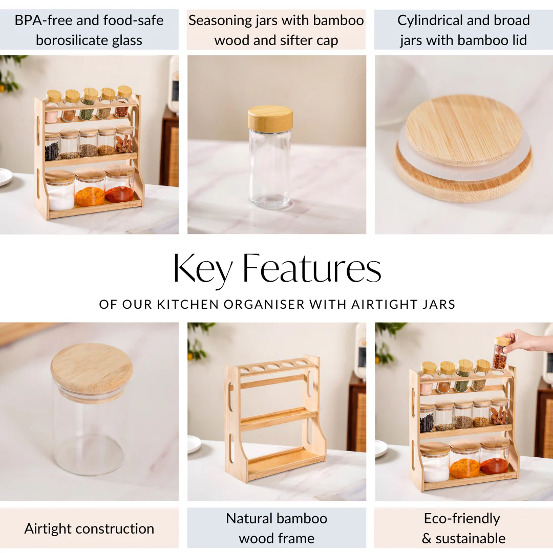 Airtight Spice Jars Set of 13 With Wooden Kitchen Organiser Rack - Image 5