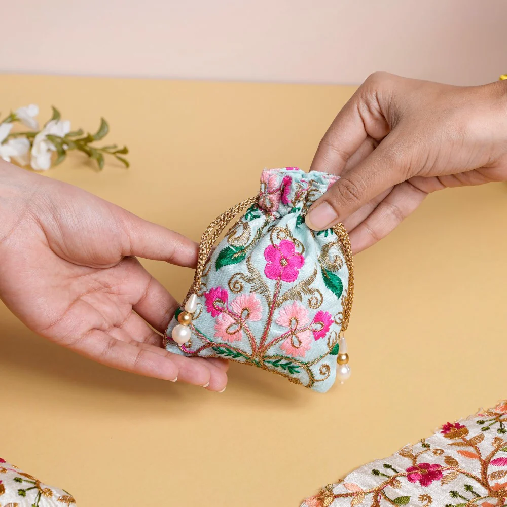 Aiyana Zari Floral Patterned Shagun Potli Bag Set Of 2 - Image 4