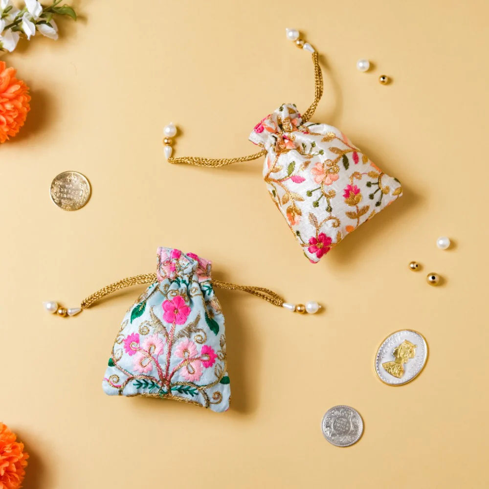 Aiyana Zari Floral Patterned Shagun Potli Bag Set Of 2 - Image 5
