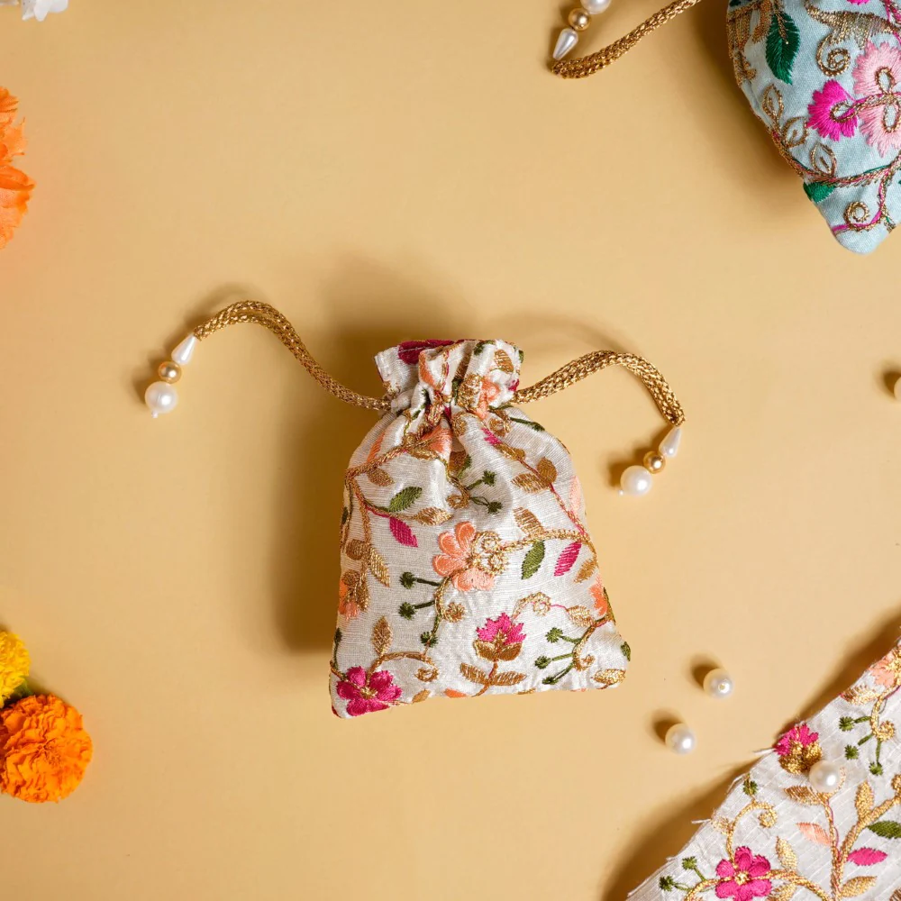 Aiyana Zari Floral Patterned Shagun Potli Bag Set Of 2 - Image 8