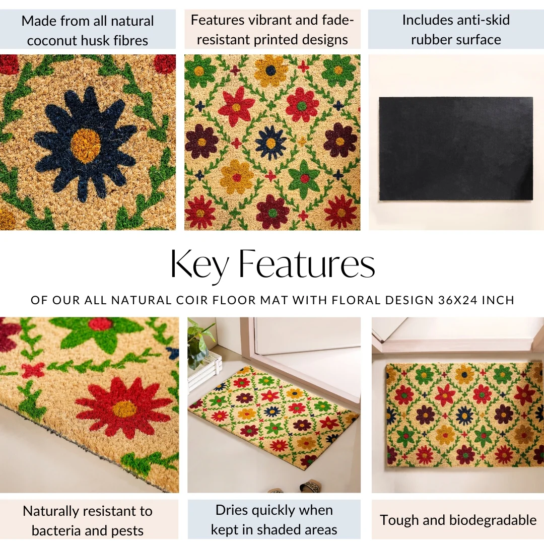 All Natural Coir Floor Mat With Floral Design 36x24 Inch - Image 5
