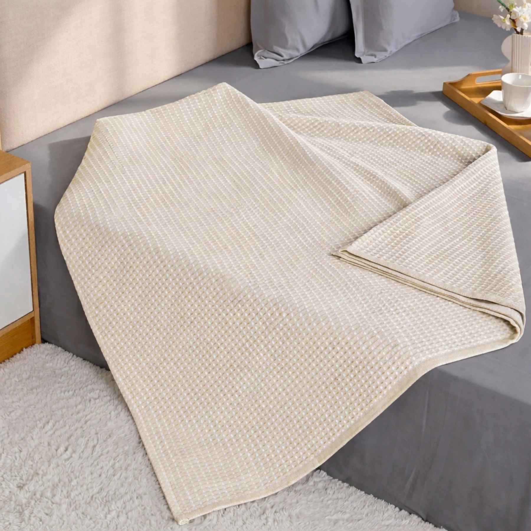 All Season Waffle Sofa Throw Blanket Beige White 220x200cm - Image 3