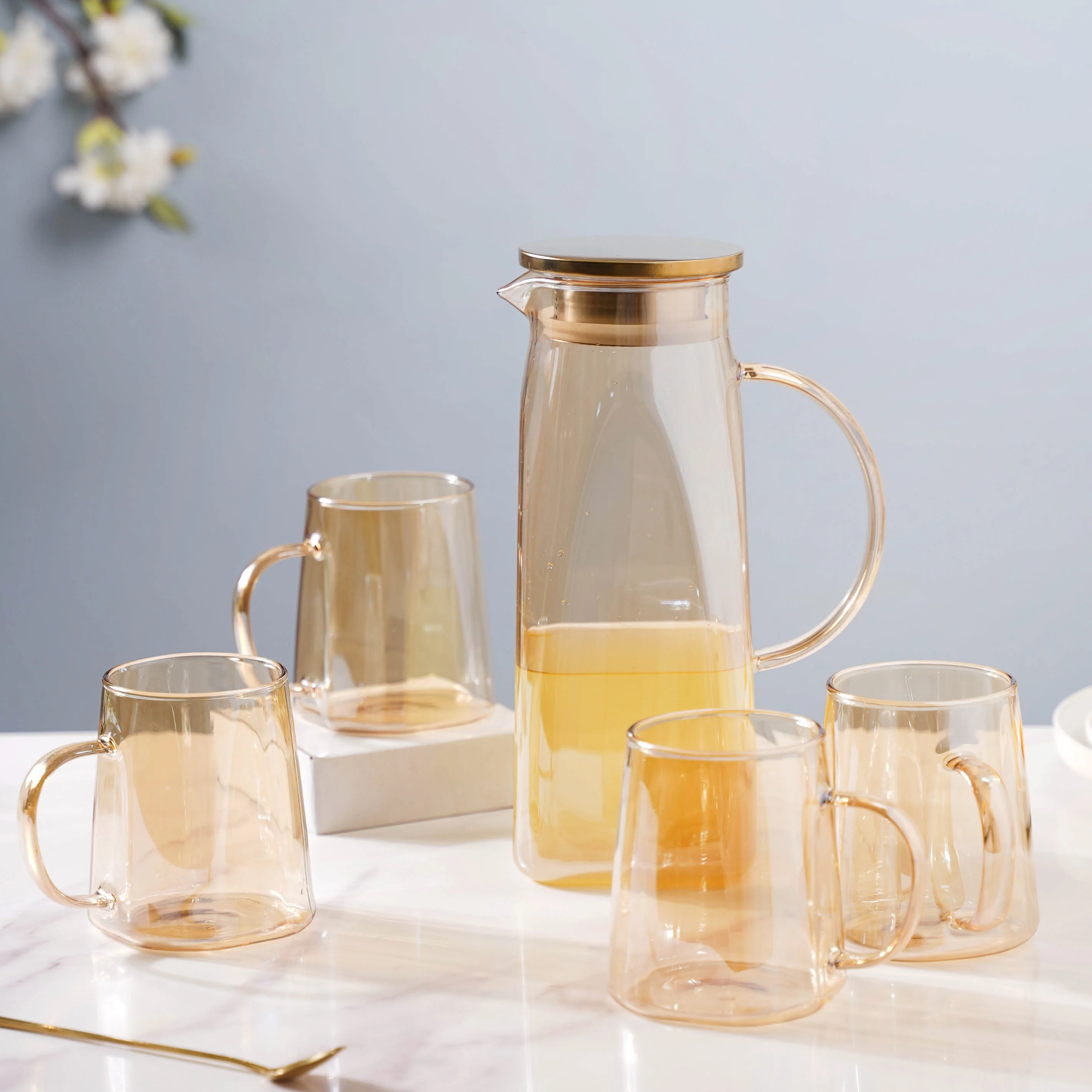 Amber Glass Jug and 4 Cups Set