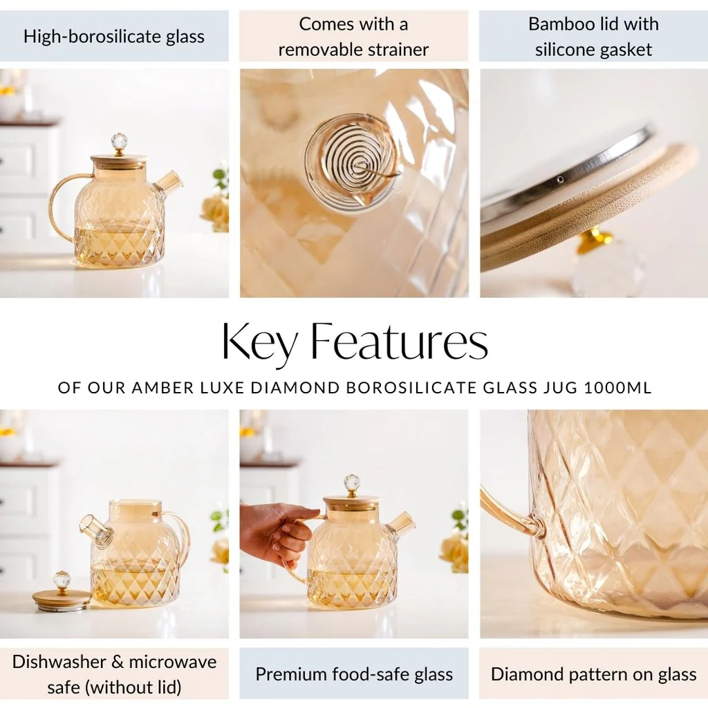 Amber Luxe Diamond Borosilicate Glass Jug 900ml - Image 5