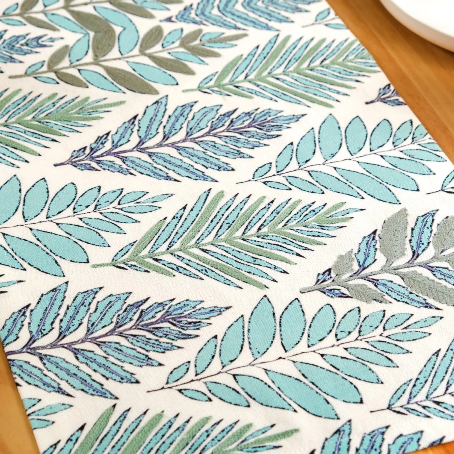 Aqua Fern Embroidered Cotton Table Runner 202x33cm - Image 3