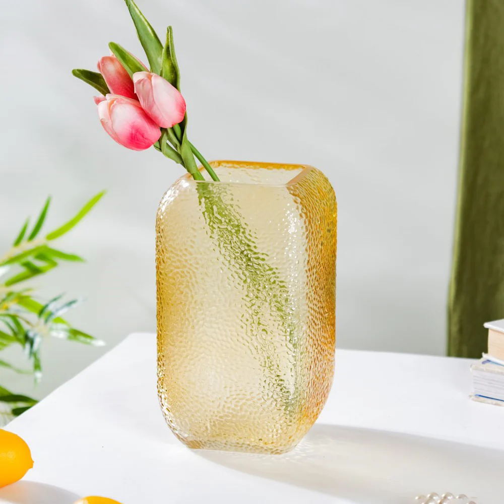 Art Deco Pebble Patterned Glass Vase Amber 7.5 Inch