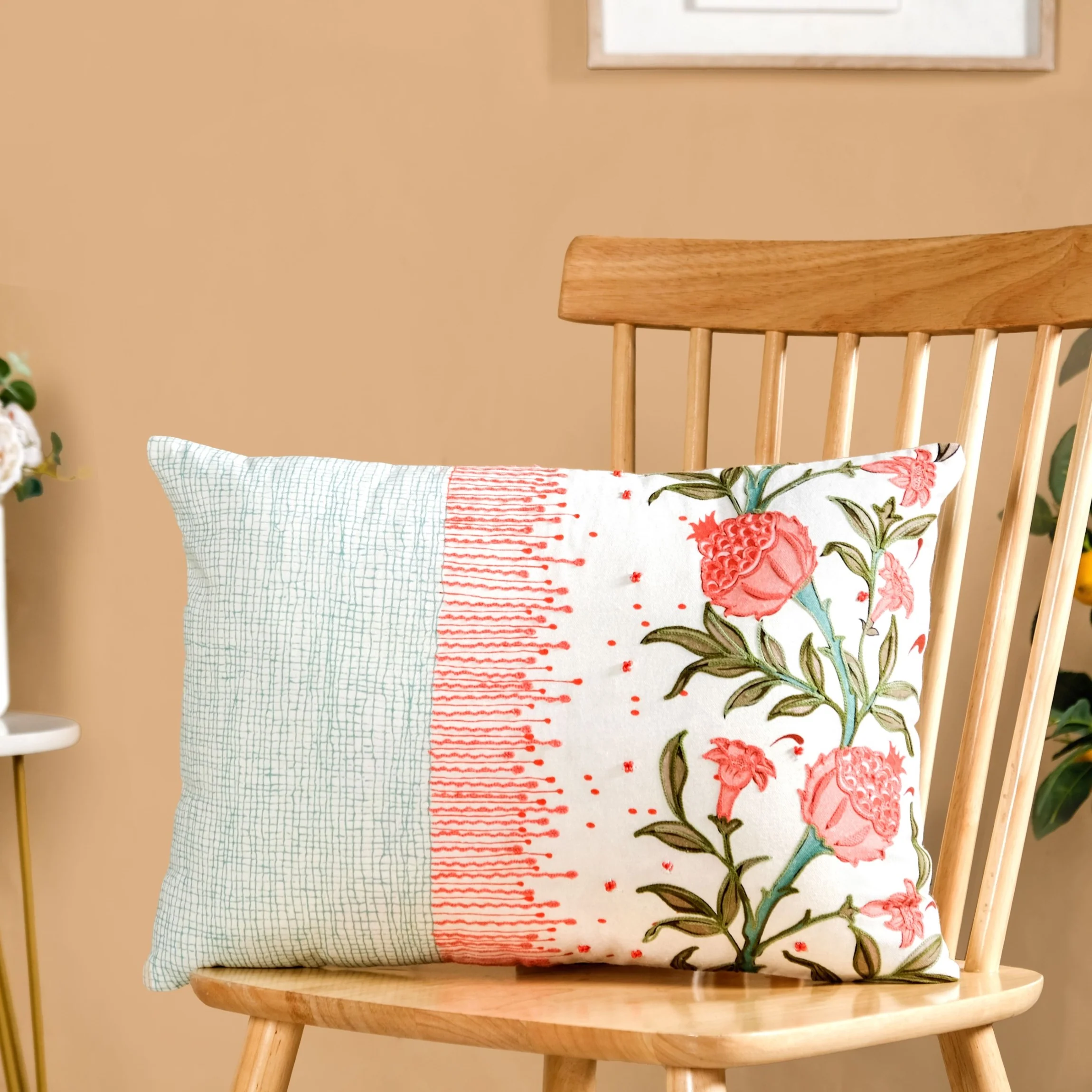 Artisanal Bloom Embroidery Cotton Cushion Cover 50x36cm