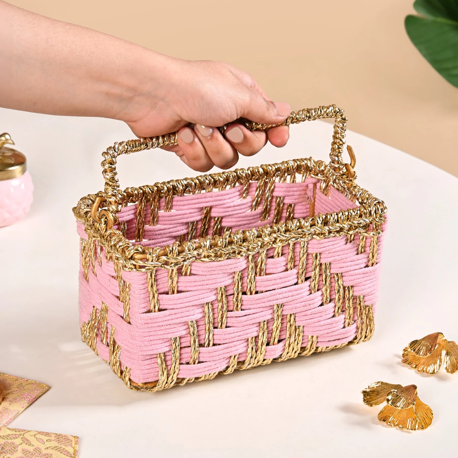 Artisanal Organiser And Hamper Basket Pink And Gold - Image 2