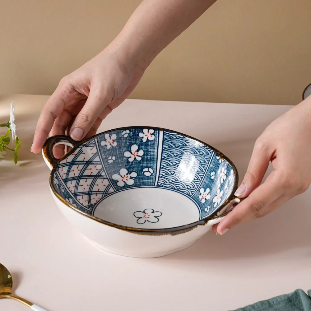 Asagao Patterned Serving Bowl With Handles 9 Inch 500 ml - Image 2