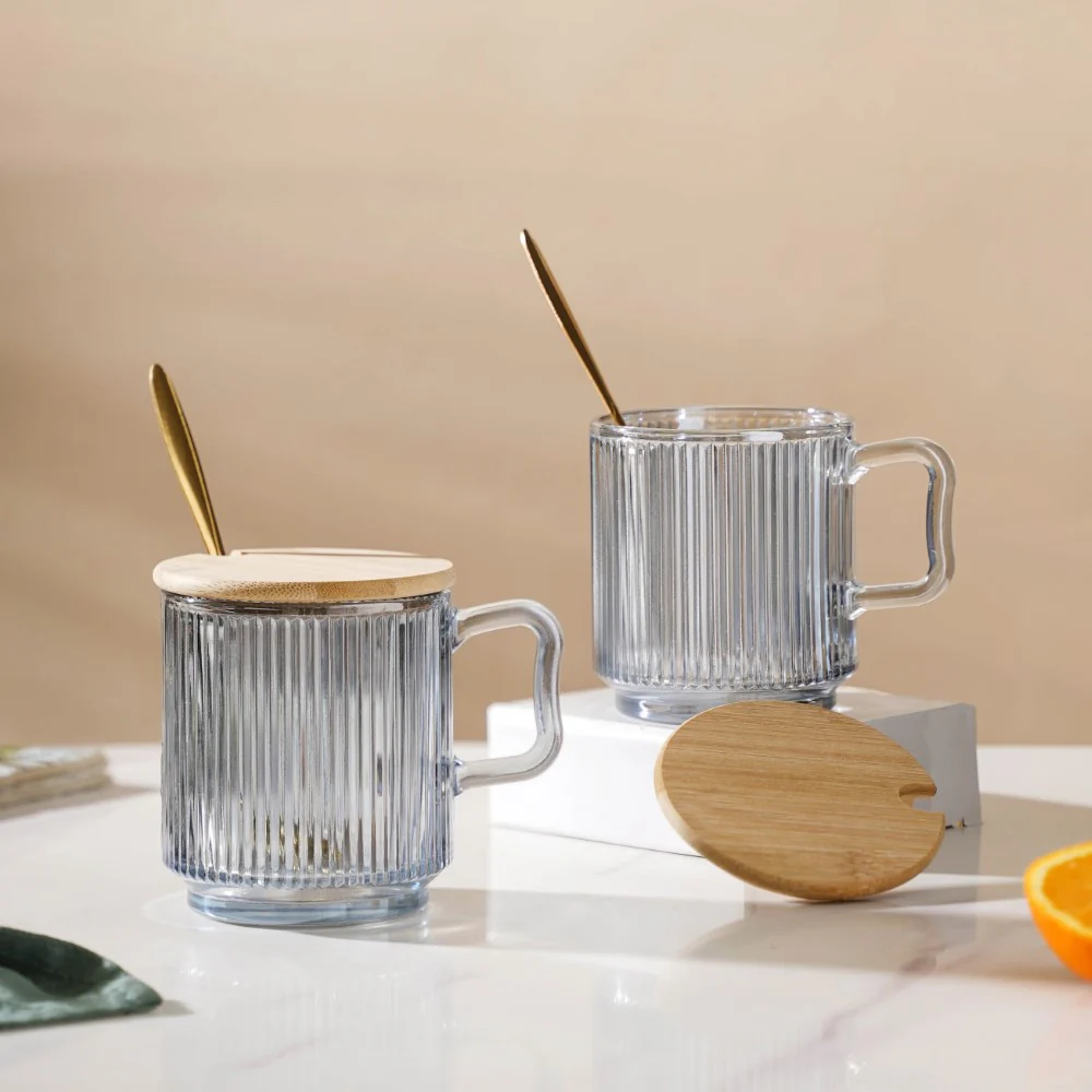 Aurora Ribbed Grey Glass Mug With Lid And Spoon Set Of 2 350 ml - Image 10