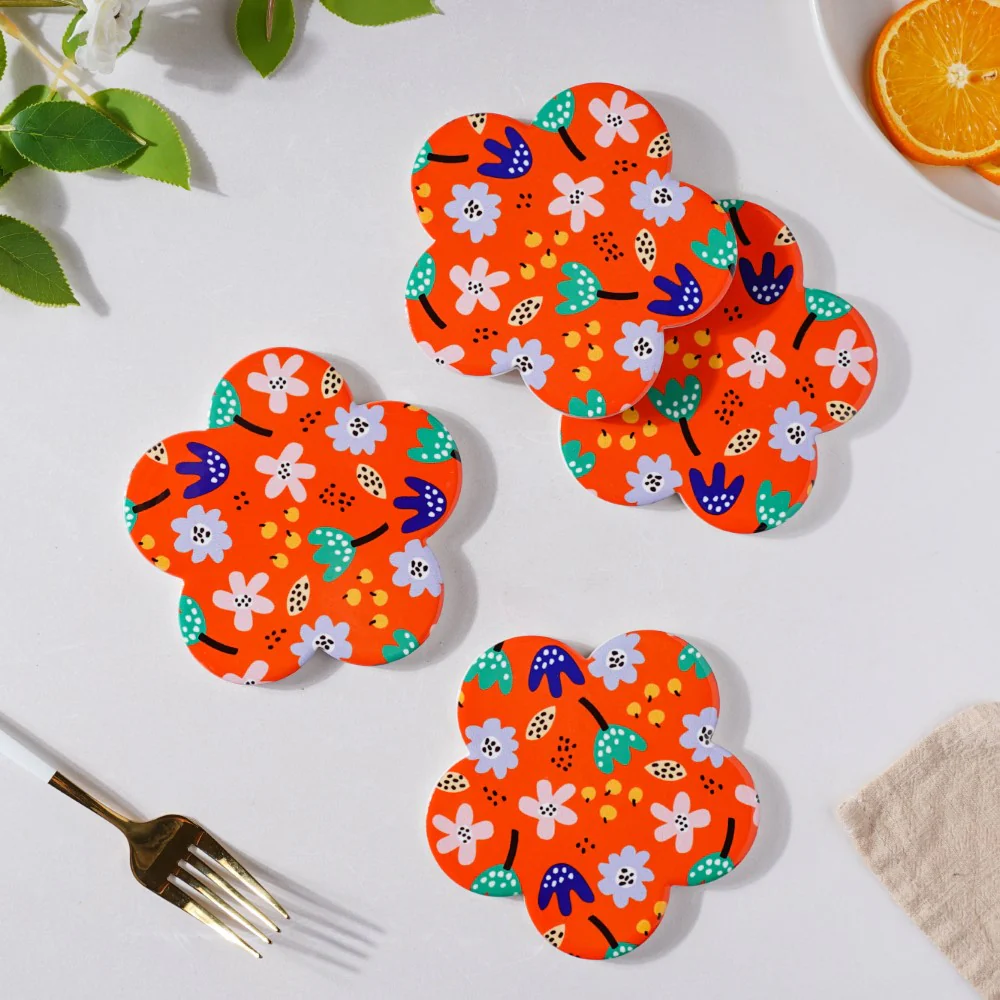 Autumn Orange Flower Glossy Ceramic Coaster Set Of 4