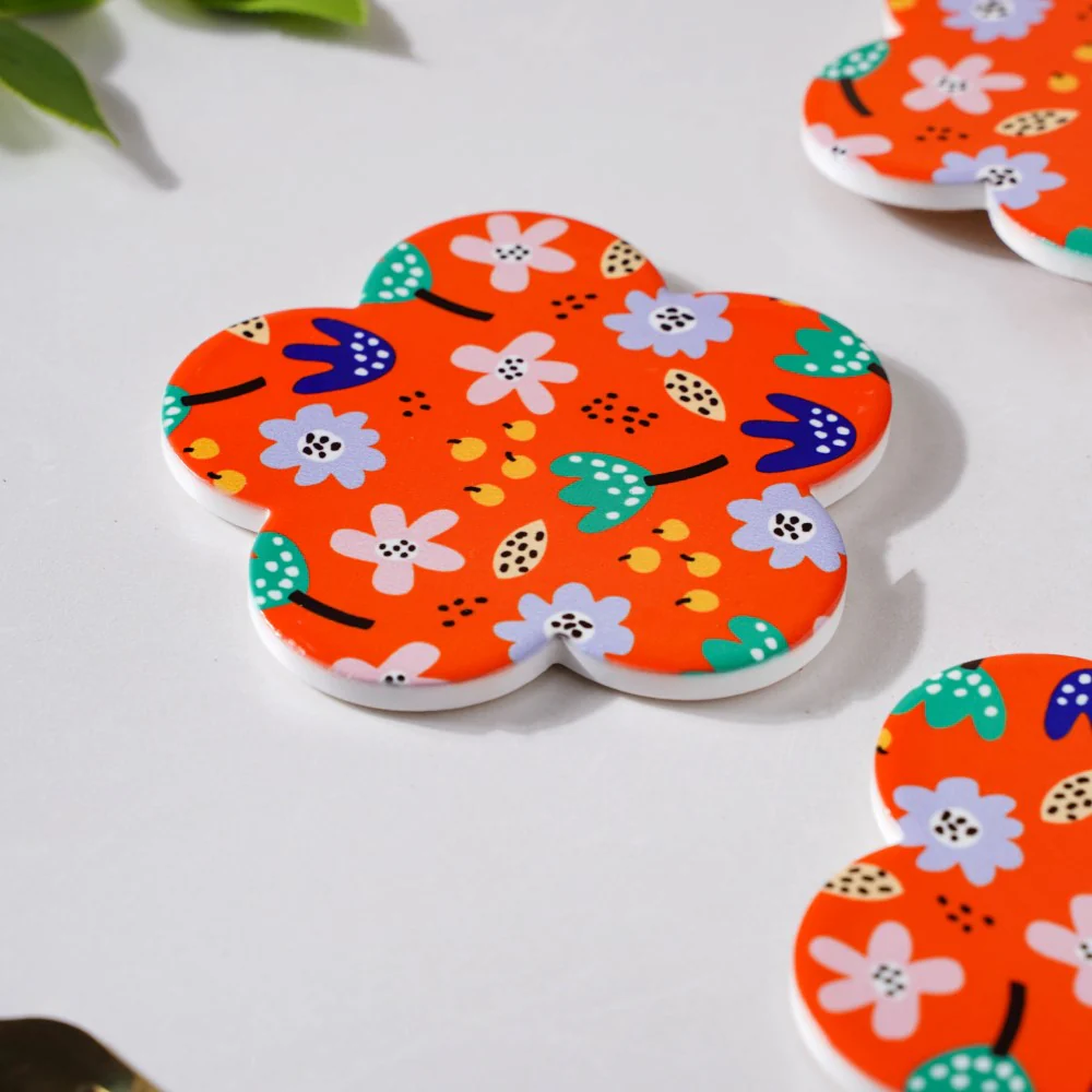Autumn Orange Flower Glossy Ceramic Coaster Set Of 4 - Image 6