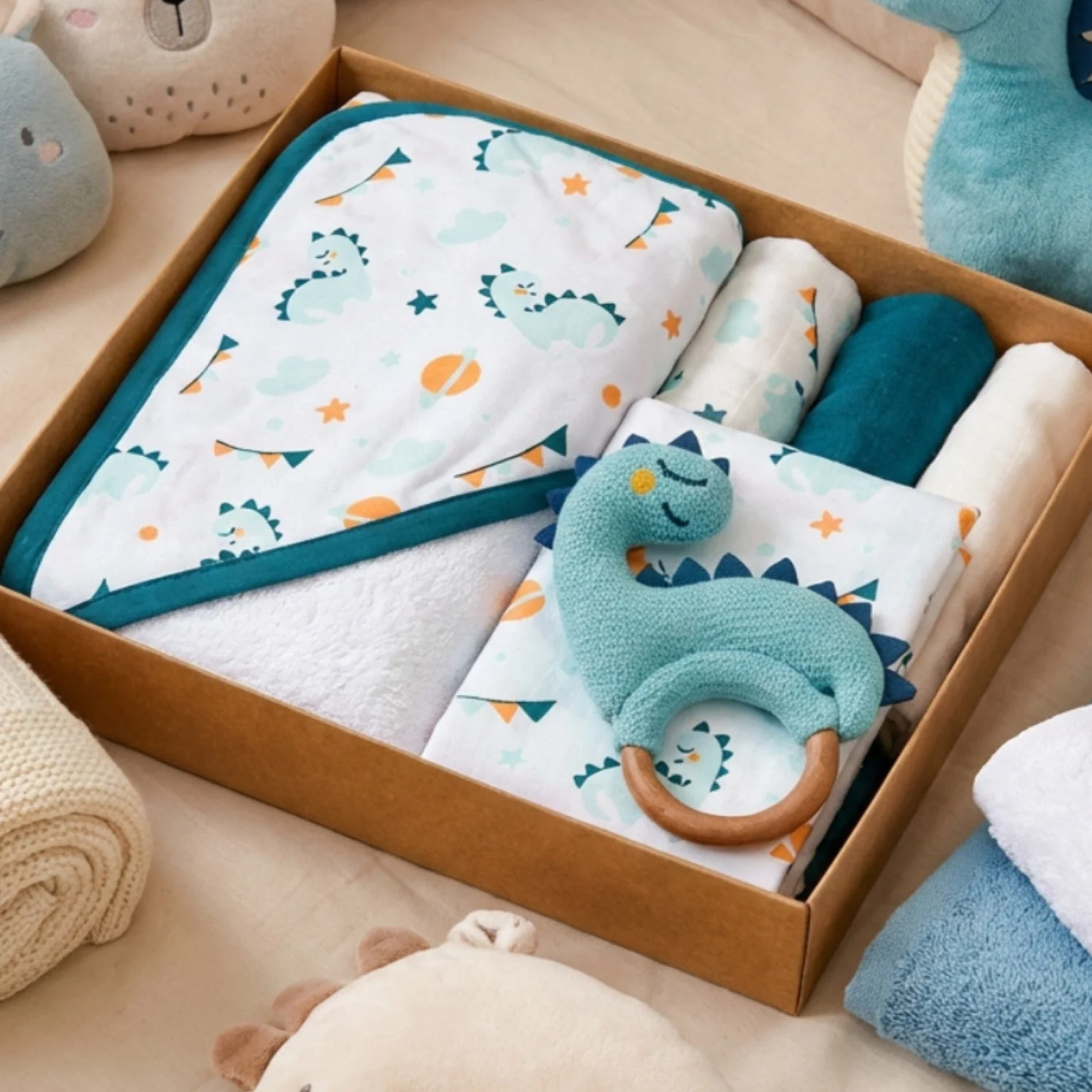 Baby Dino Gift Hamper With Towel Swaddle Napkin Rattle Set Of 6