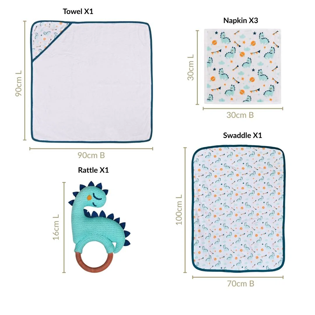 Baby Dino Gift Hamper With Towel Swaddle Napkin Rattle Set Of 6 - Image 4