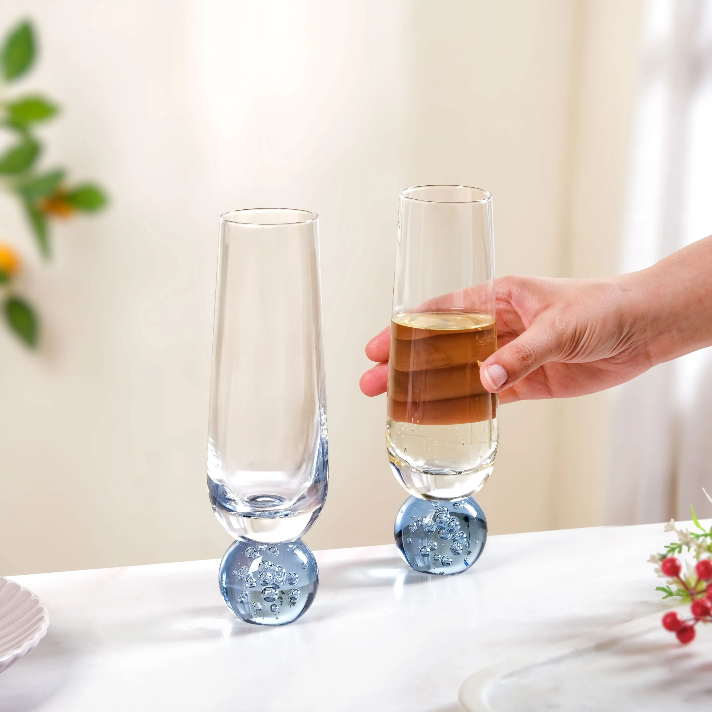 Ball Base Champagne Glass Set Of 2 280ml Blue - Image 3