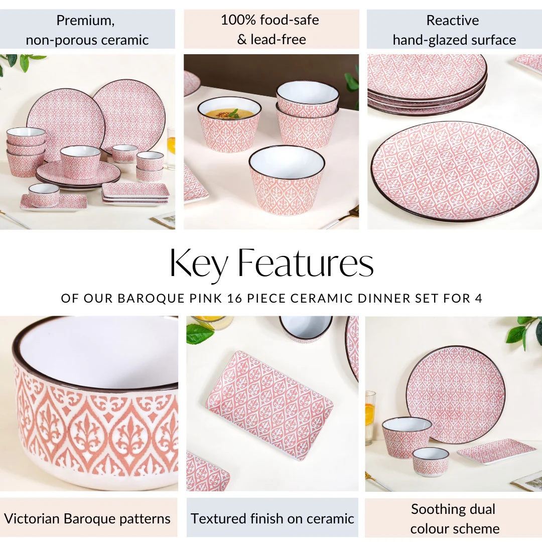 Baroque Pink 16 Piece Ceramic Dinner Set For 4 - Image 5