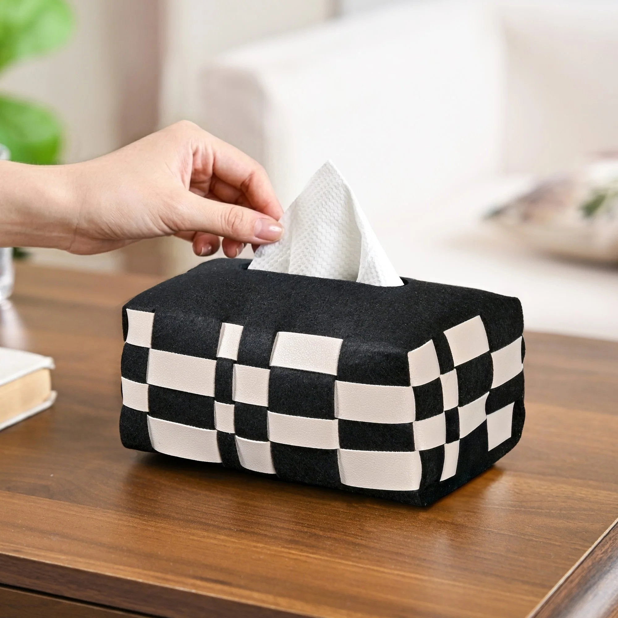 Basket Weave Vegan Leather Tissue Box Black And Beige - Image 5