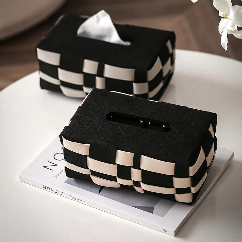 Basket Weave Vegan Leather Tissue Box Black And Beige - Image 7