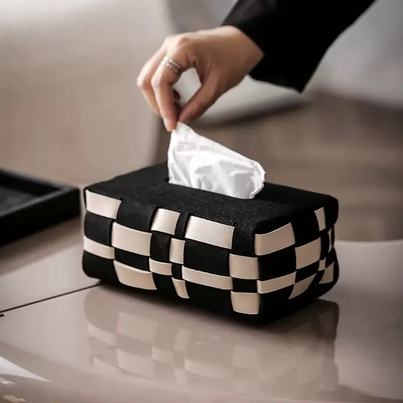 Basket Weave Vegan Leather Tissue Box Black And Beige - Image 8