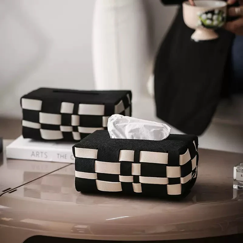 Basket Weave Vegan Leather Tissue Box Black And Beige - Image 9