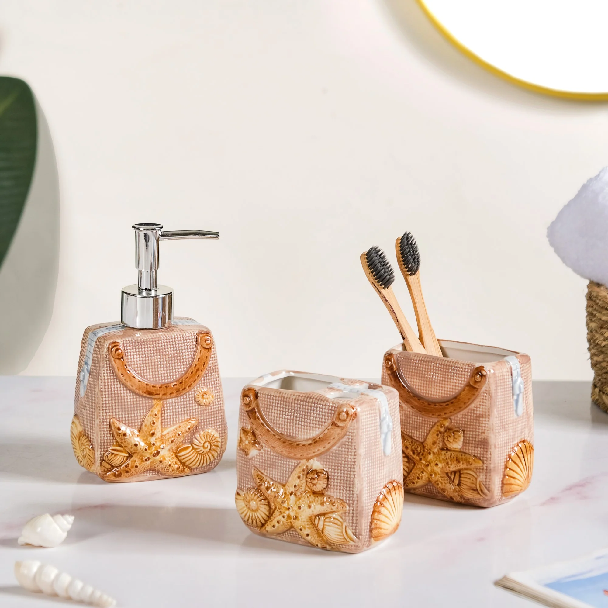 Beach Chic Ceramic Bath Set Of 3 Beige - Image 2