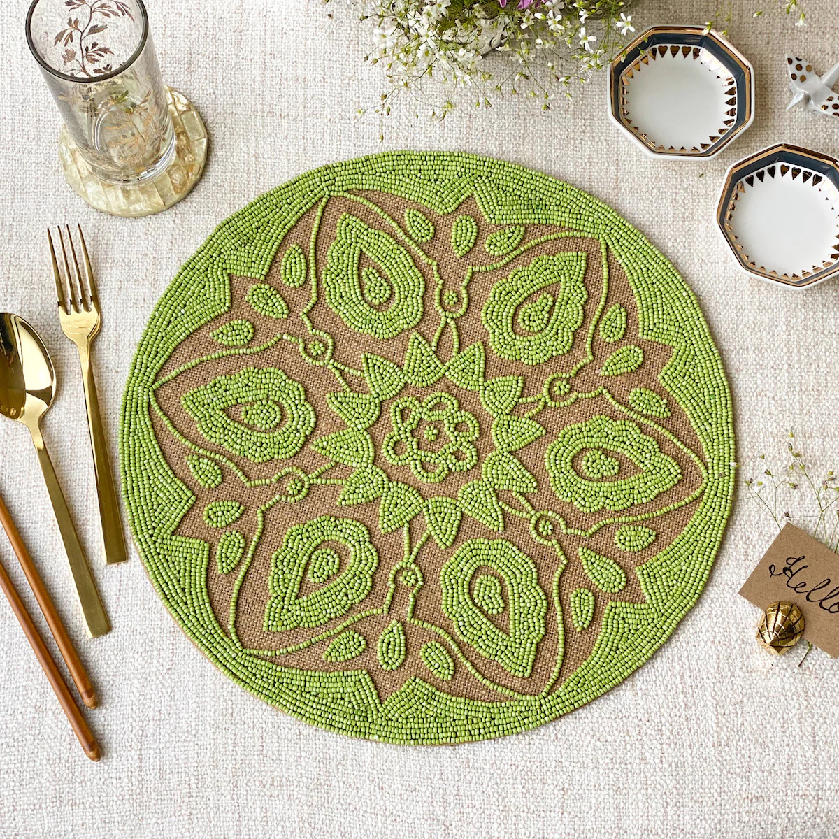 BEADS Mandala Jute Table Mat - Green