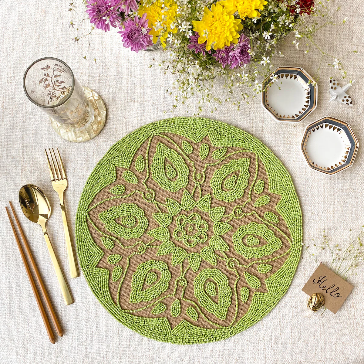 BEADS Mandala Jute Table Mat - Green - Image 2