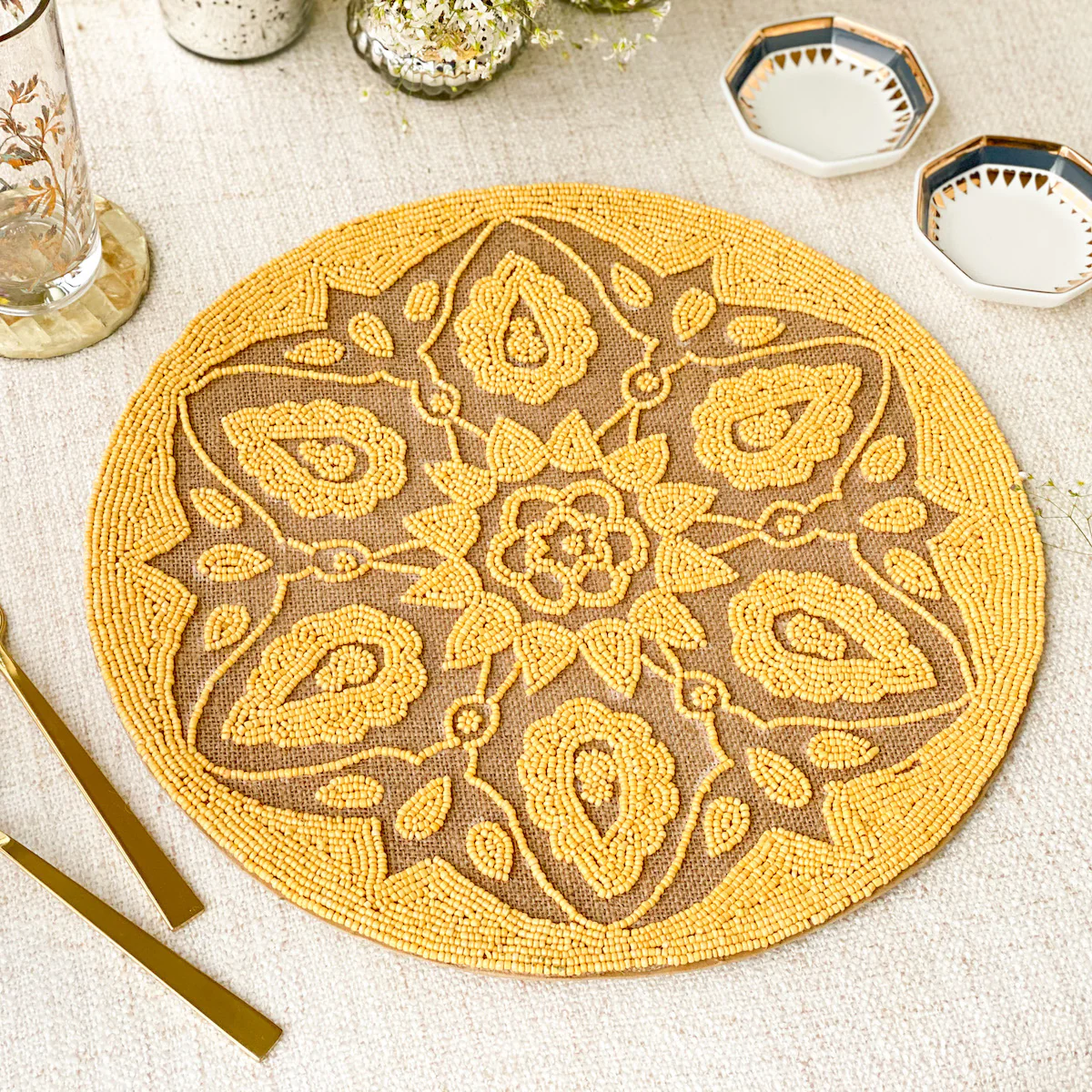 BEADS Mandala Jute Table Mat- Yellow