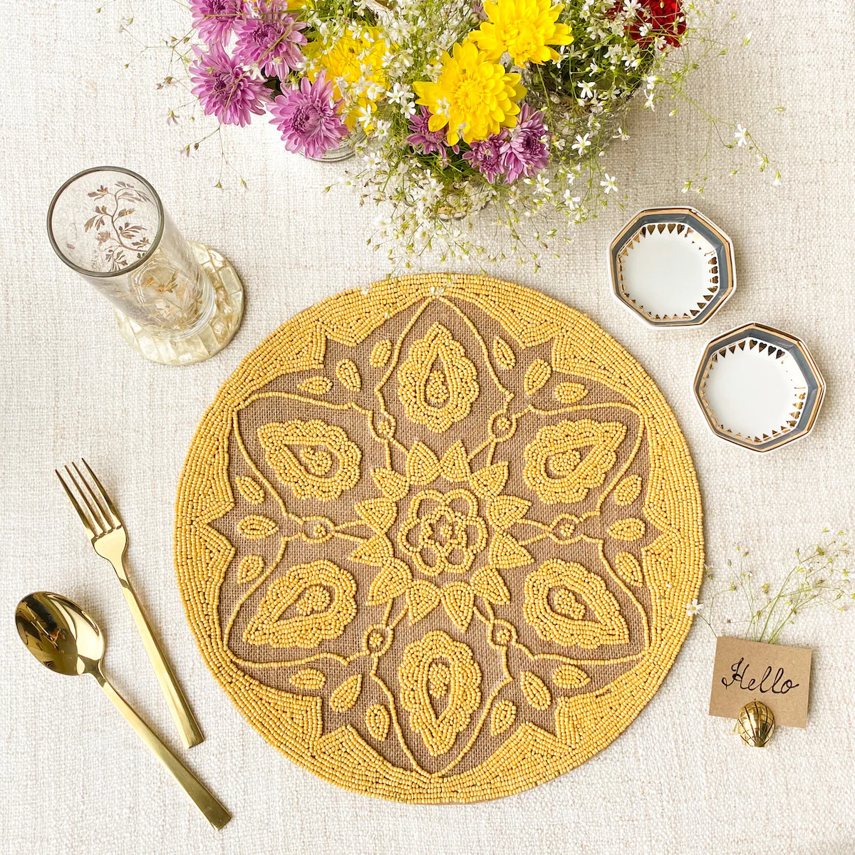 BEADS Mandala Jute Table Mat- Yellow - Image 2