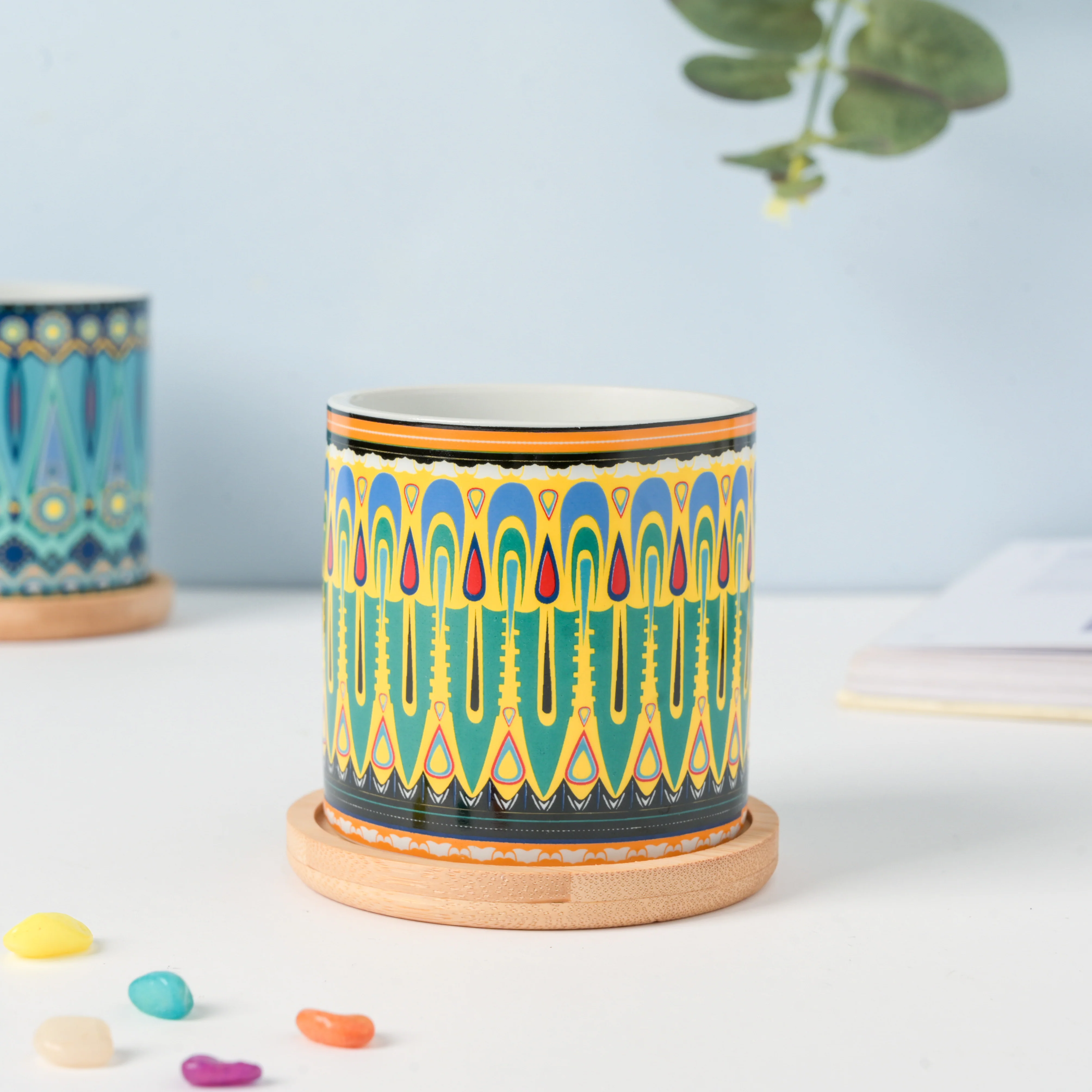 Beaming Green Ceramic Planter With Coaster - Image 3