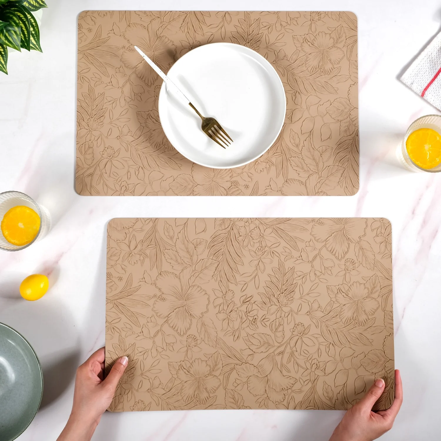 Beige Embossed Hibiscus Rectangular Placemats Set Of 6 - Image 2