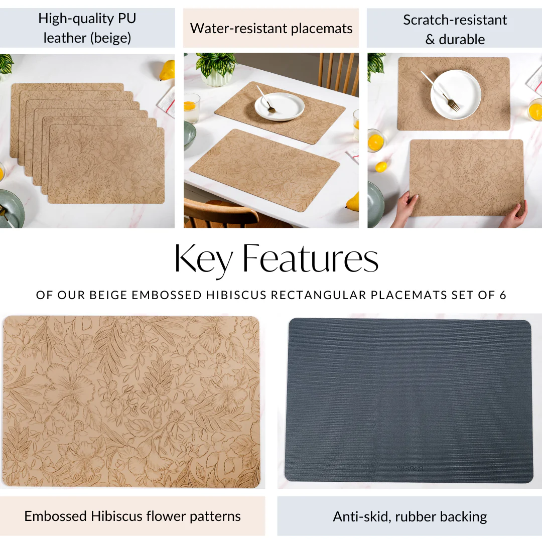 Beige Embossed Hibiscus Rectangular Placemats Set Of 6 - Image 5