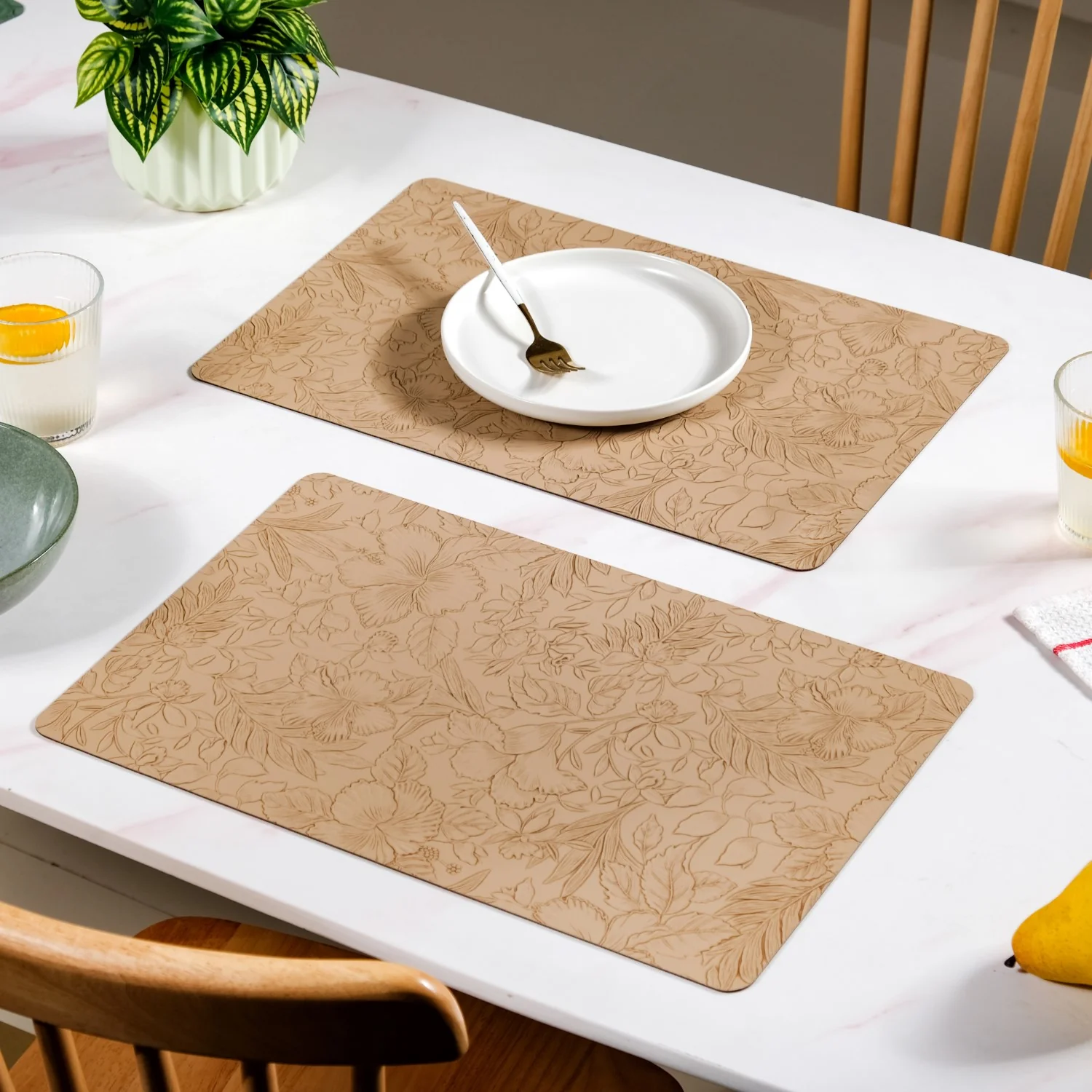 Beige Embossed Hibiscus Rectangular Placemats Set Of 6 - Image 7