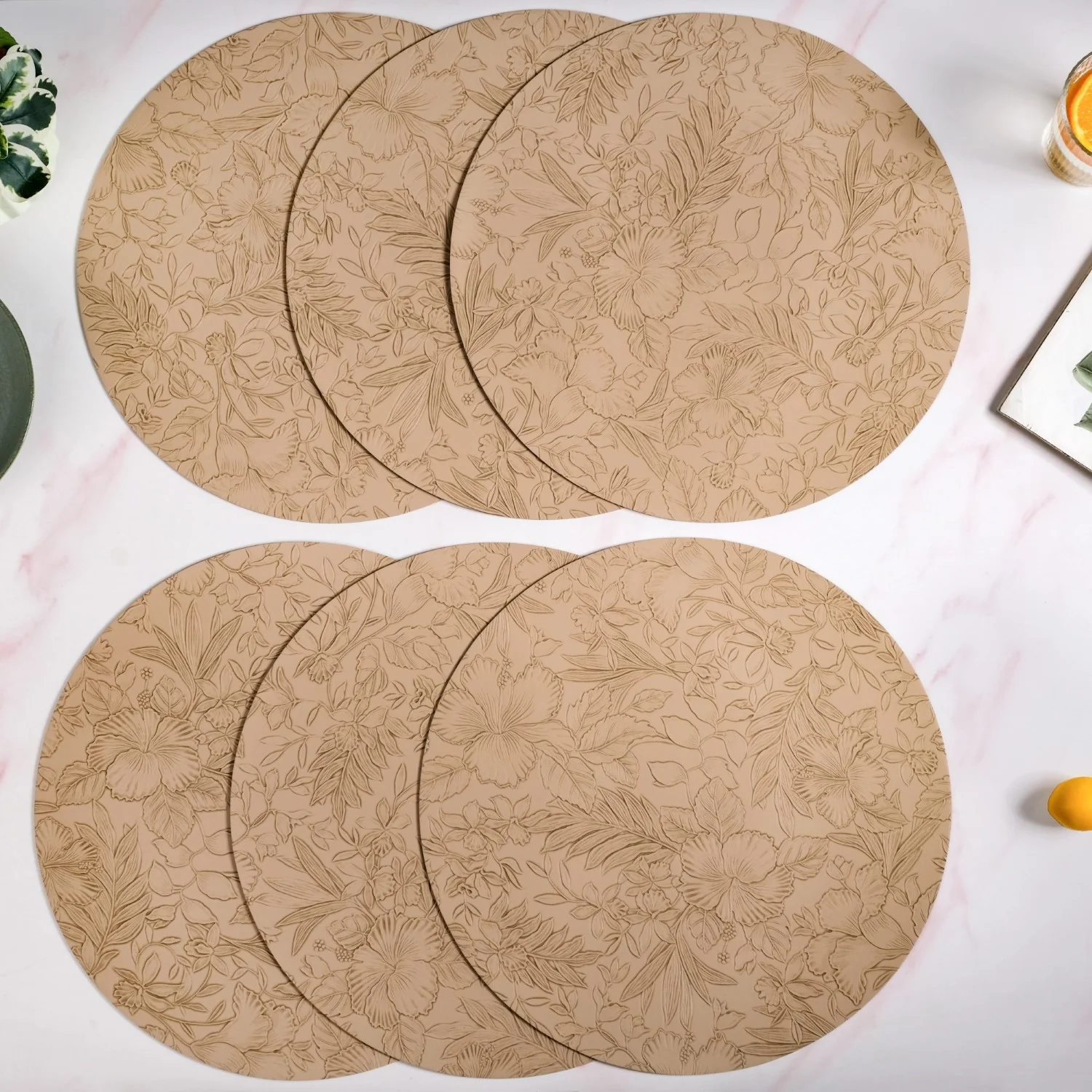 Beige Embossed Hibiscus Round Placemats Set Of 6 - Image 8